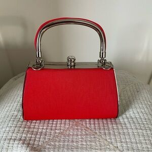 Red Clutch with Structured Shape and Silver Frame